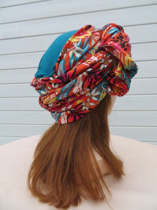 Bonnet chimio foulard intégré fabriqué en Vendée   "Tropiques" 