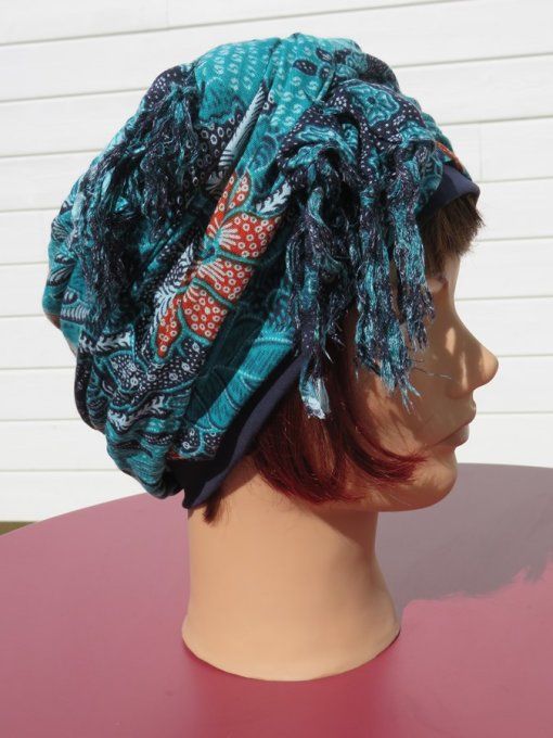 Bonnet chimio foulard intégré fabriqué en Vendée   "Franges"  