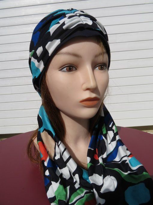 Bonnet chimio foulard intégré fabriqué en Vendée   "Aquatique"  
