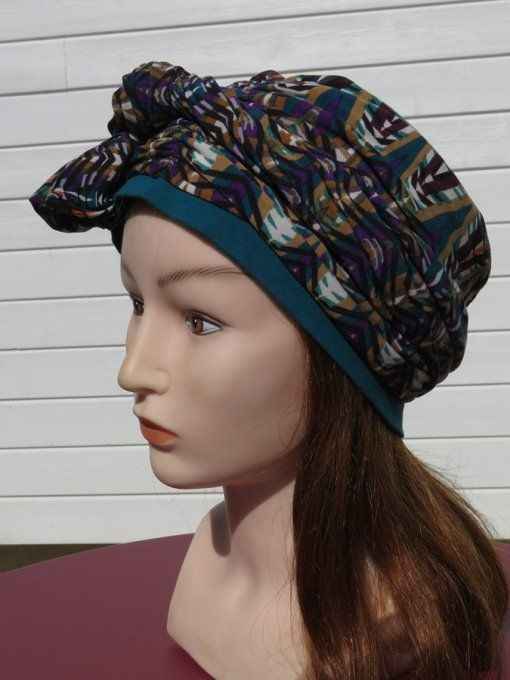Bonnet chimio foulard intégré fabriqué en Vendée   "Etniques" 