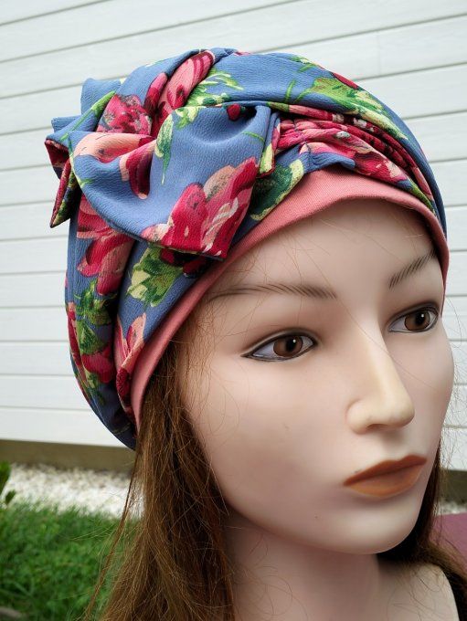Bonnet chimio foulard intégré fabriqué en Vendée   "Floral" 