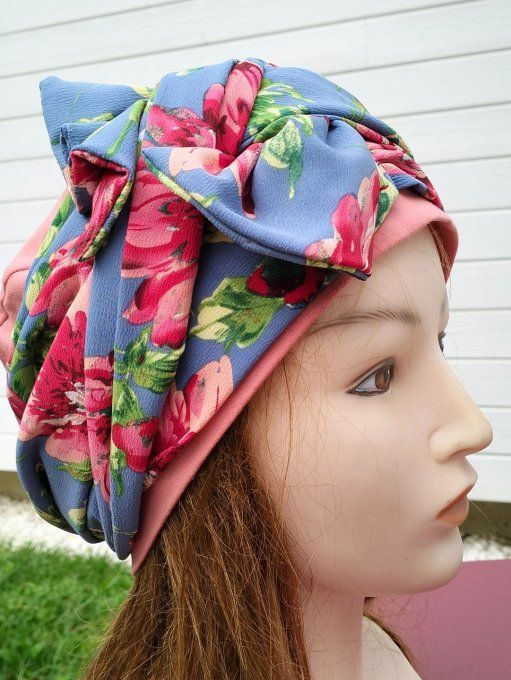 Bonnet chimio foulard intégré fabriqué en Vendée   "Floral" 