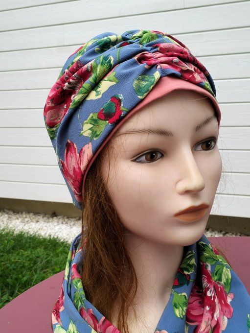 Bonnet chimio foulard intégré fabriqué en Vendée   "Floral" 