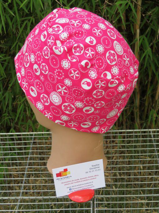 Bonnet chimio basic "rose imprimé boutons blancs"  fabriqué en Vendée 