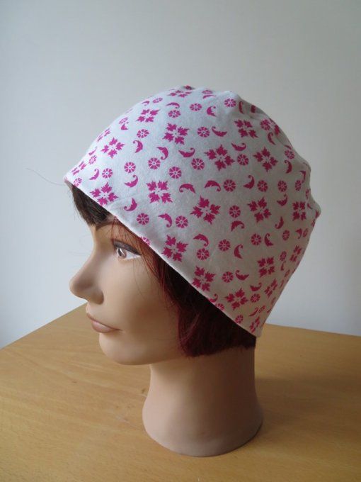 Bonnet chimio basic "mosaïque rose" fabriqué en Vendée 