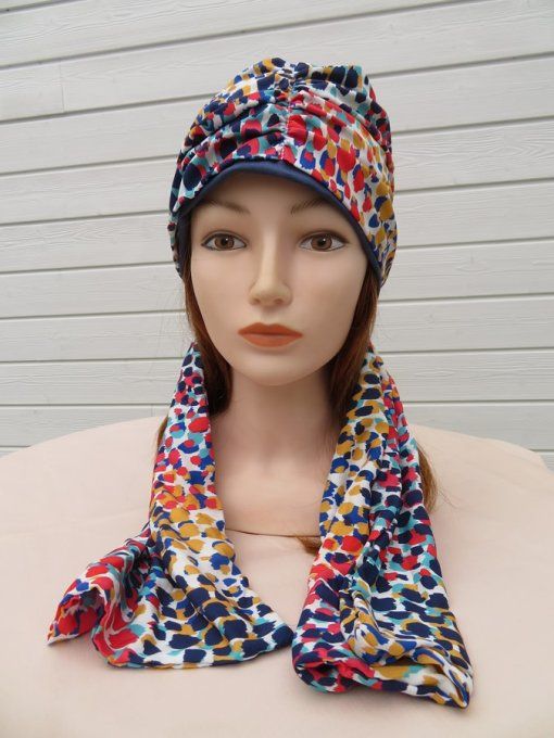 Bonnet chimio foulard intégré fabriqué en Vendée   "Eclat de couleurs"