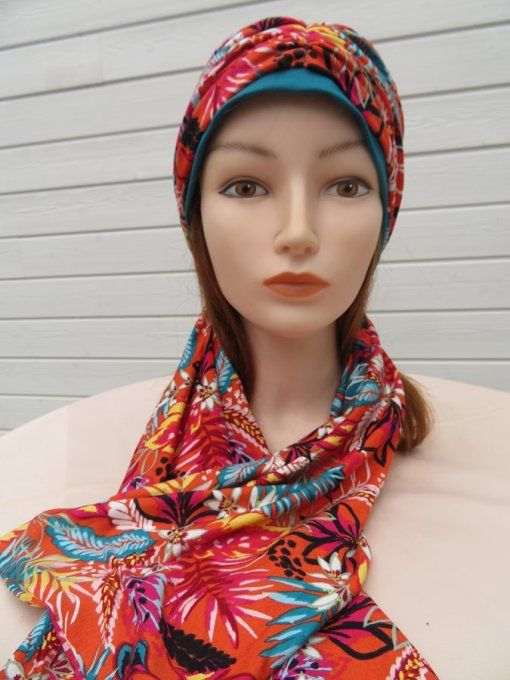 Bonnet chimio foulard intégré fabriqué en Vendée   "Tropiques" 