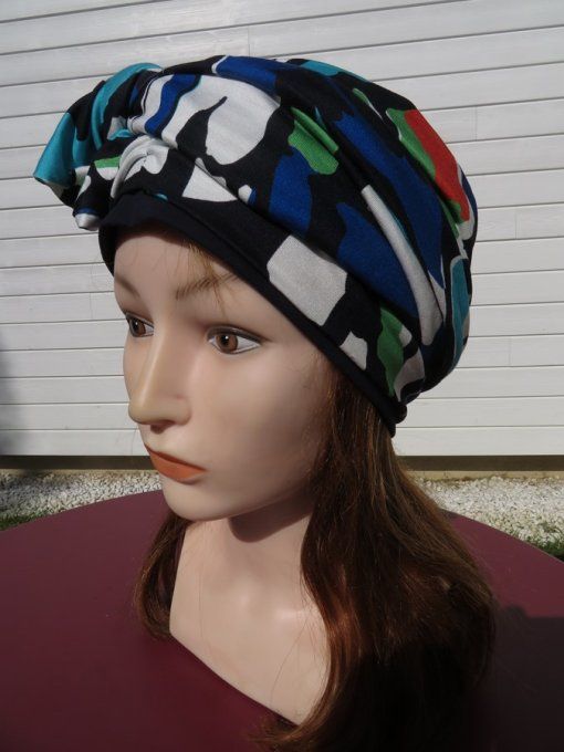 Bonnet chimio foulard intégré fabriqué en Vendée   "Aquatique"  