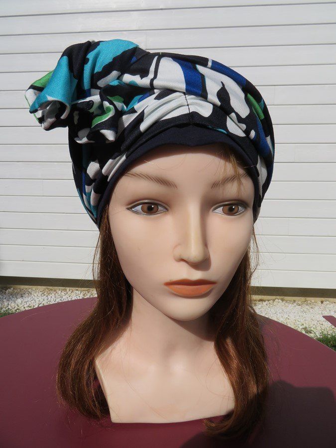 Bonnet chimio foulard intégré fabriqué en Vendée   "Aquatique"  
