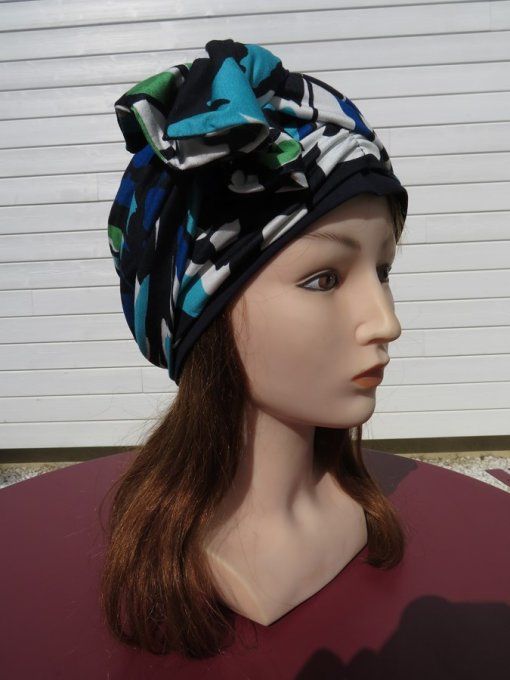 Bonnet chimio foulard intégré fabriqué en Vendée   "Aquatique"  