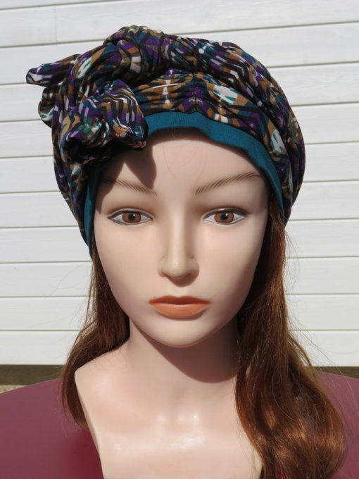 Bonnet chimio foulard intégré fabriqué en Vendée   "Etniques" 