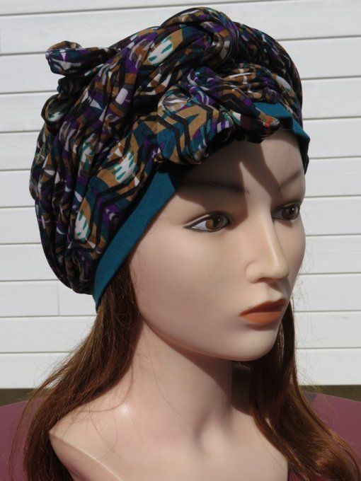 Bonnet chimio foulard intégré fabriqué en Vendée   "Etniques" 