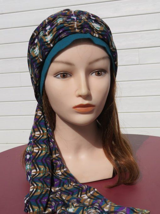 Bonnet chimio foulard intégré fabriqué en Vendée   "Etniques" 